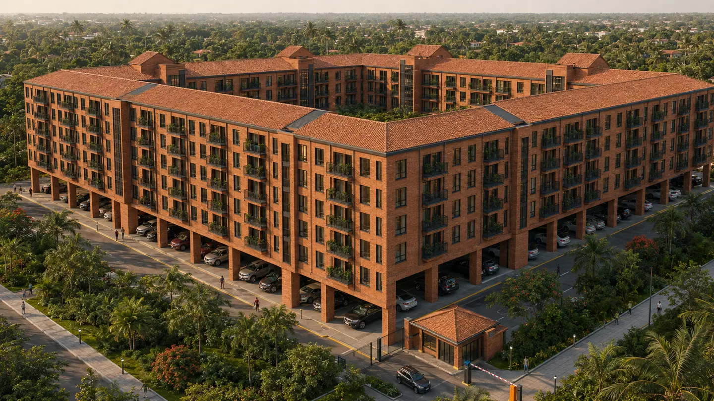 Five-level Redi 1-bedroom condominium with open parking beneath, brick-clad rectangular columns and clay-tile roofing